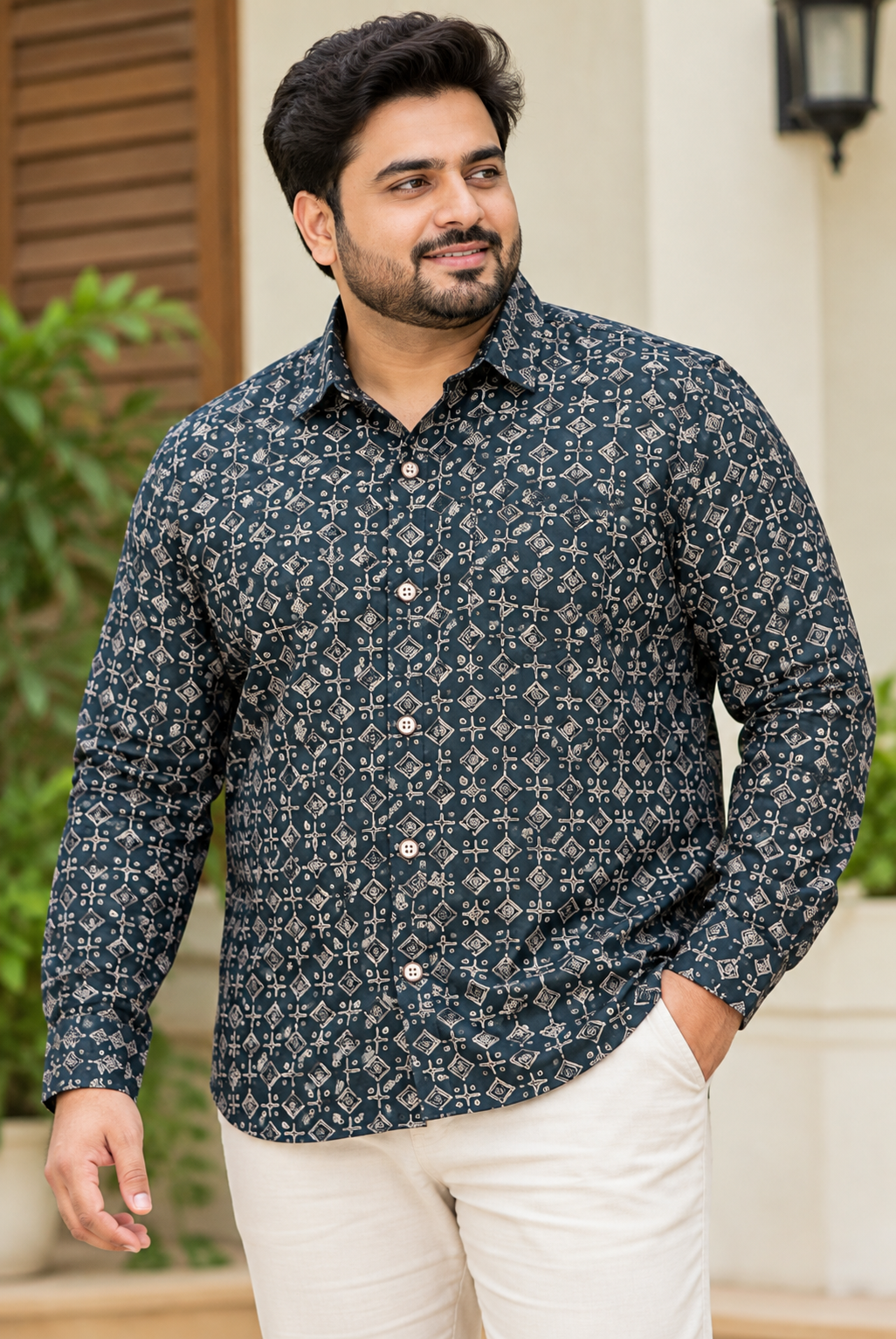 Men's Dark Navy Blue Geometric Printed Full Sleeve Cotton Shirt
