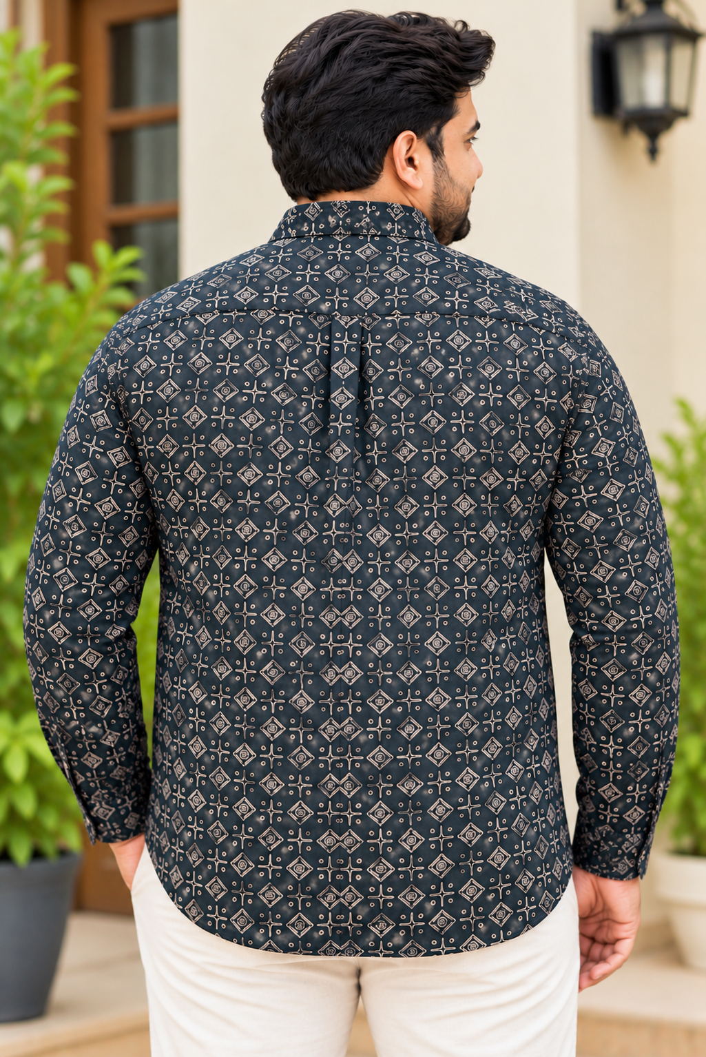 Men's Dark Navy Blue Geometric Printed Full Sleeve Cotton Shirt