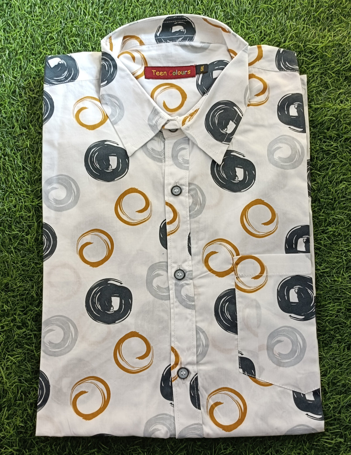 Men's White Circular Printed Full Sleeve Cotton Shirt