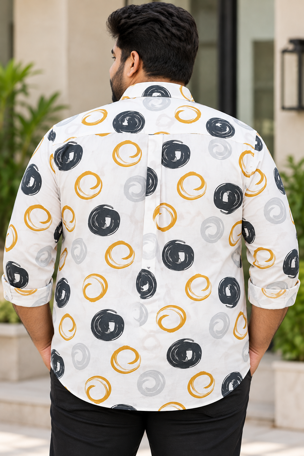 Men's White Circular Printed Full Sleeve Cotton Shirt
