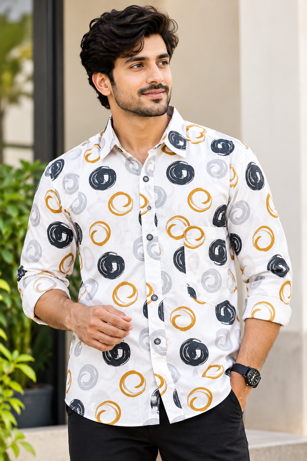 Men's White Circular Printed Full Sleeve Cotton Shirt