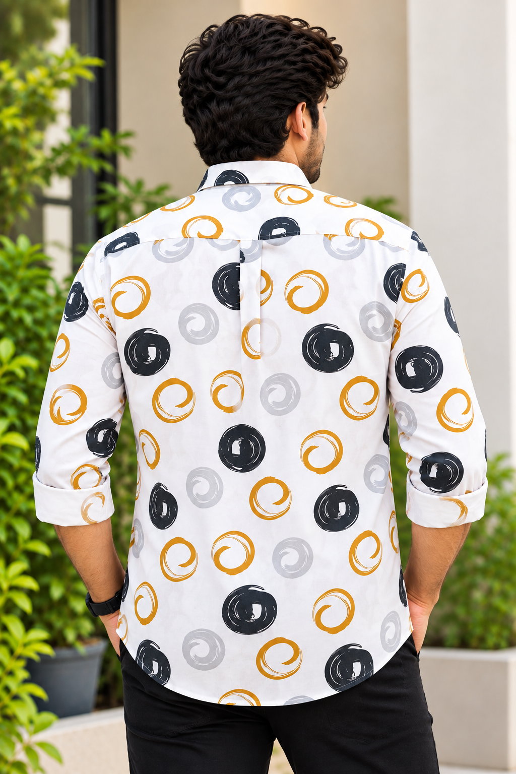 Men's White Circular Printed Full Sleeve Cotton Shirt