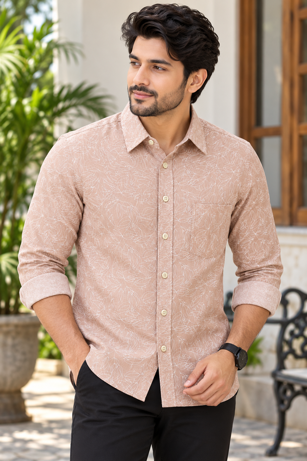 Men's Light Brown Floral Printed Full Sleeve Cotton Shirt