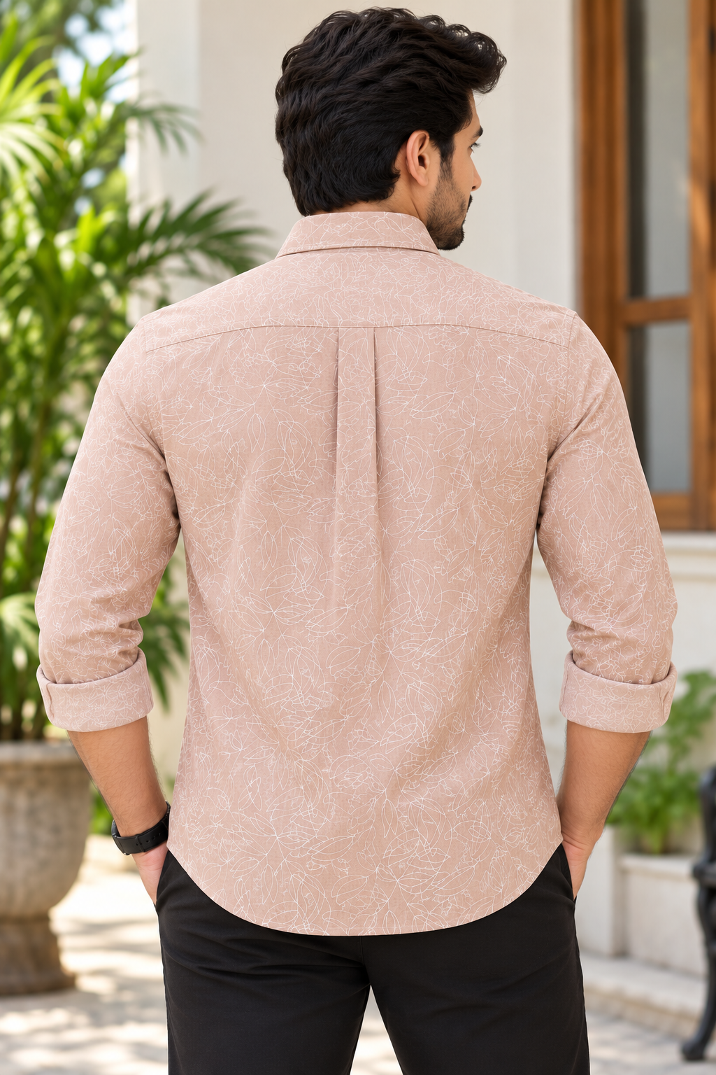 Men's Light Brown Floral Printed Full Sleeve Cotton Shirt