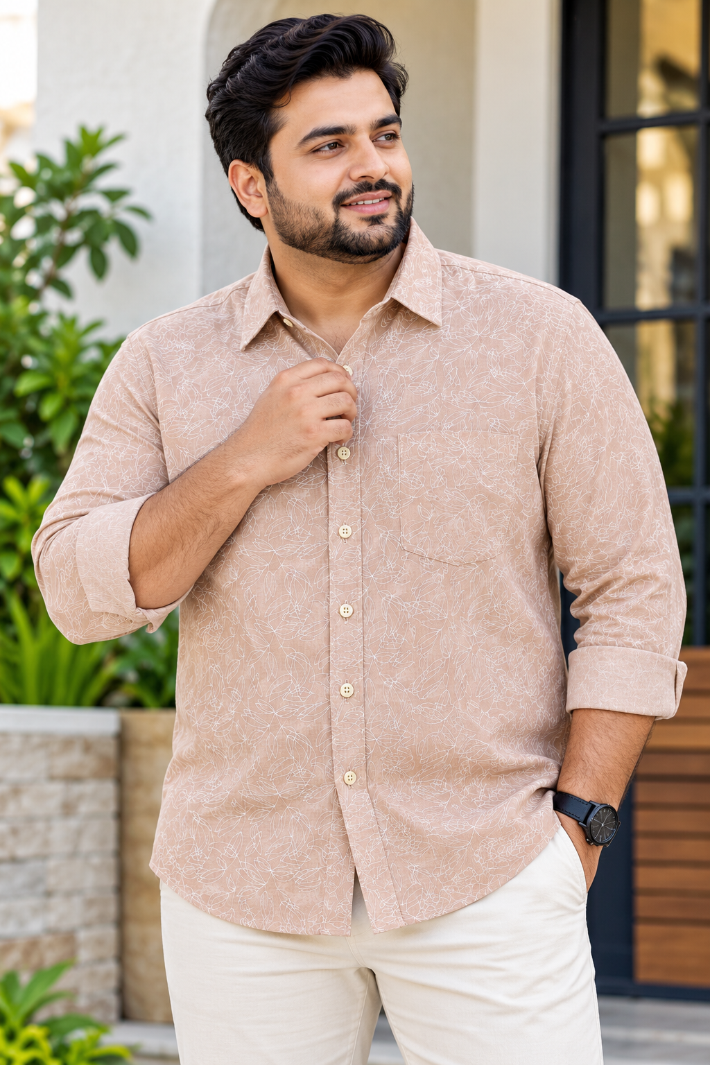 Men's Light Brown Floral Printed Full Sleeve Cotton Shirt