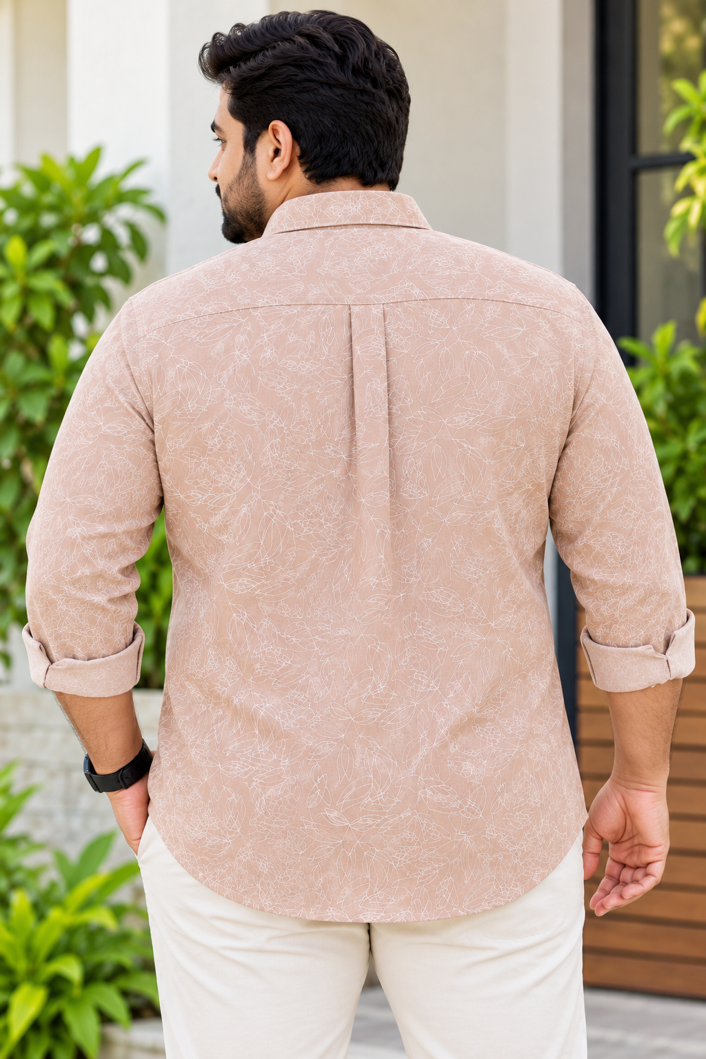 Men's Light Brown Floral Printed Full Sleeve Cotton Shirt