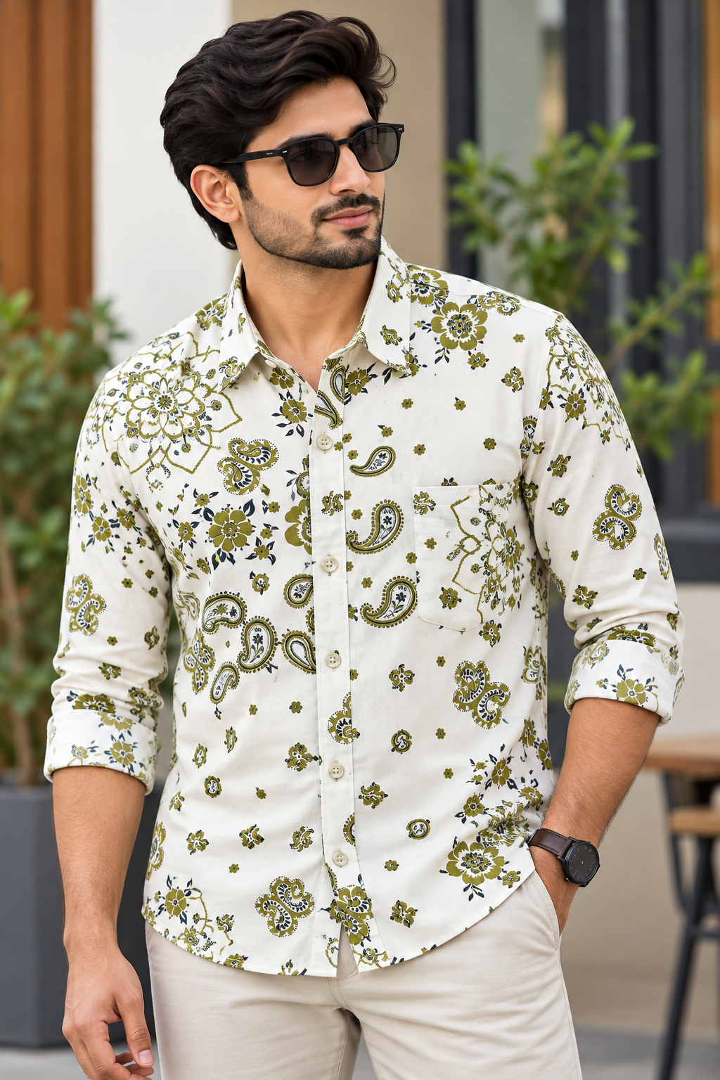 Men's White & Olive Green Paisley Printed Full Sleeve Cotton Shirt