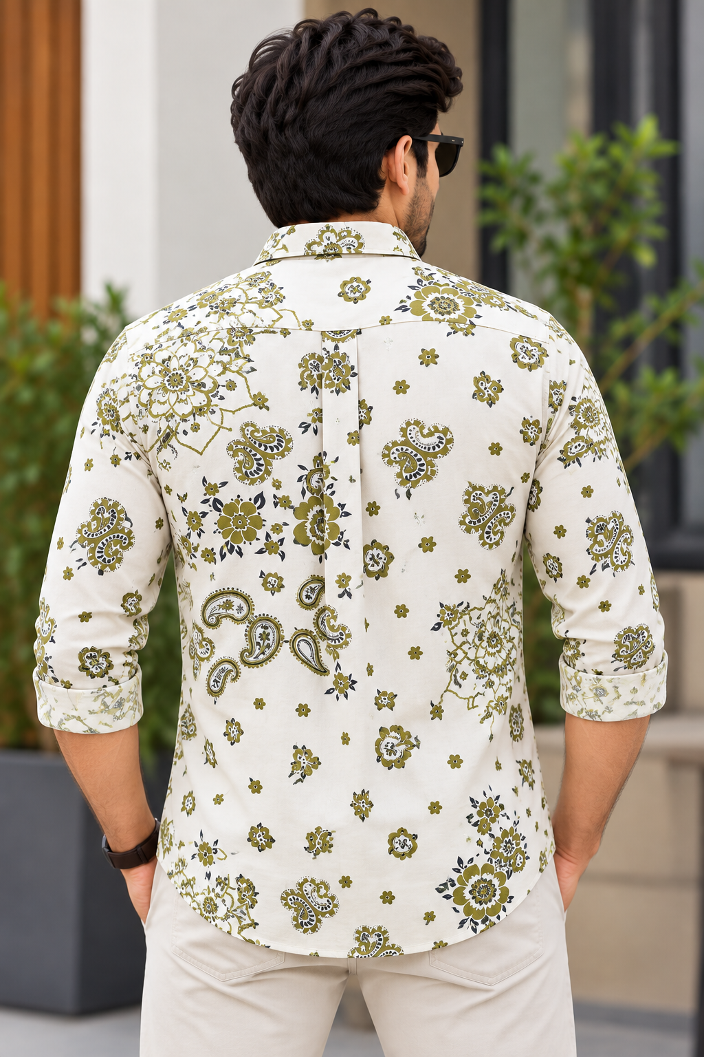 Men's White & Olive Green Paisley Printed Full Sleeve Cotton Shirt