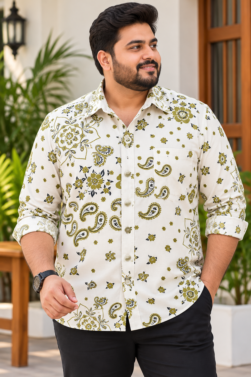 Men's White & Olive Green Paisley Printed Full Sleeve Cotton Shirt