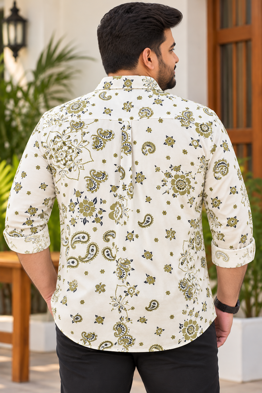 Men's White & Olive Green Paisley Printed Full Sleeve Cotton Shirt