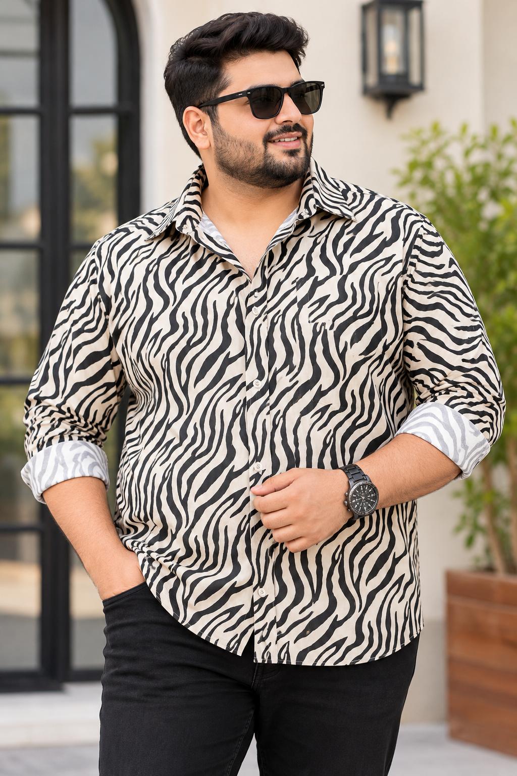 Men's White & Black Zebra Printed Full Sleeve Cotton Shirt