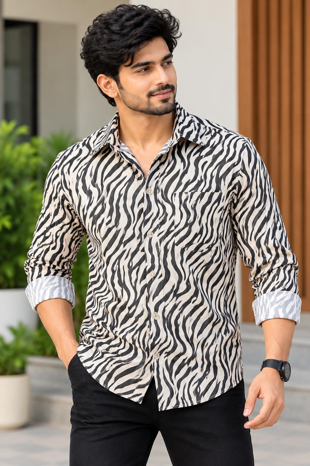 Men's White & Black Zebra Printed Full Sleeve Cotton Shirt