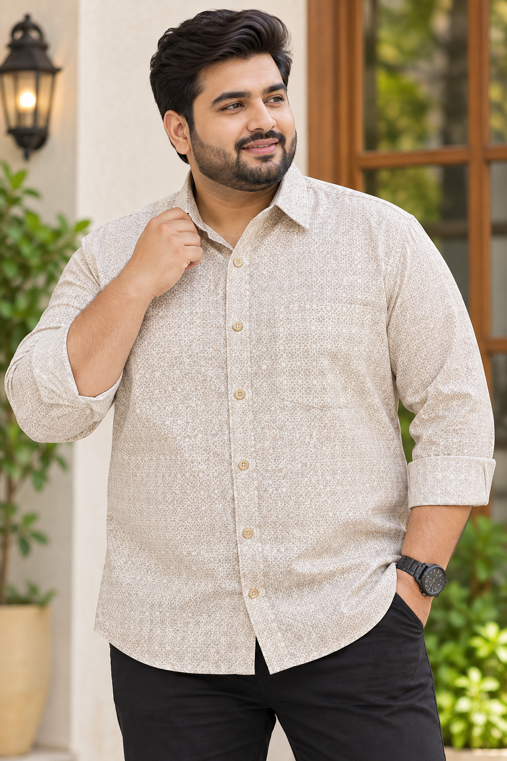 Men's Cream Printed Full Sleeve Cotton Shirt