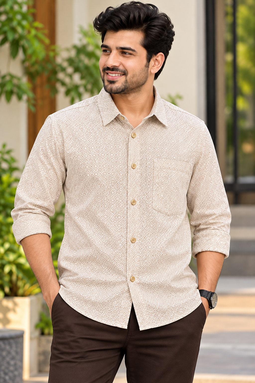 Men's Cream Printed Full Sleeve Cotton Shirt