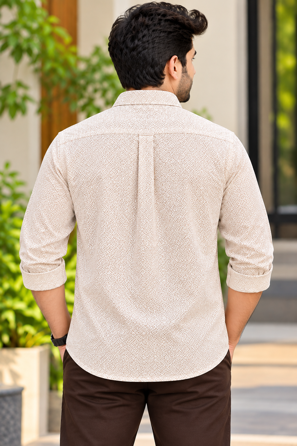 Men's Cream Printed Full Sleeve Cotton Shirt