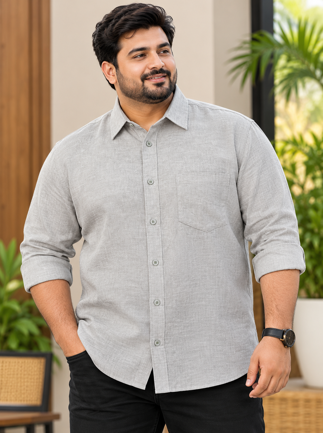 Men's Light Grey Solid Full Sleeve Linen Shirt