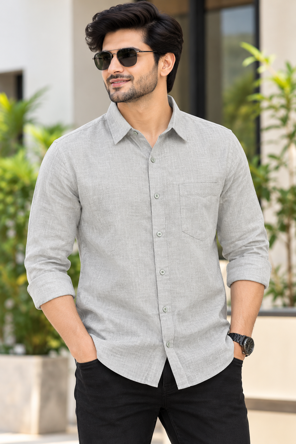 Men's Light Grey Solid Full Sleeve Linen Shirt