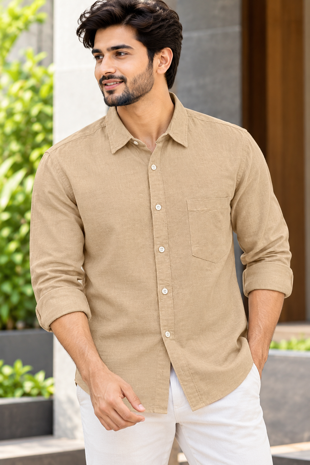 Men's Light Beige Solid Full Sleeve Linen Shirt