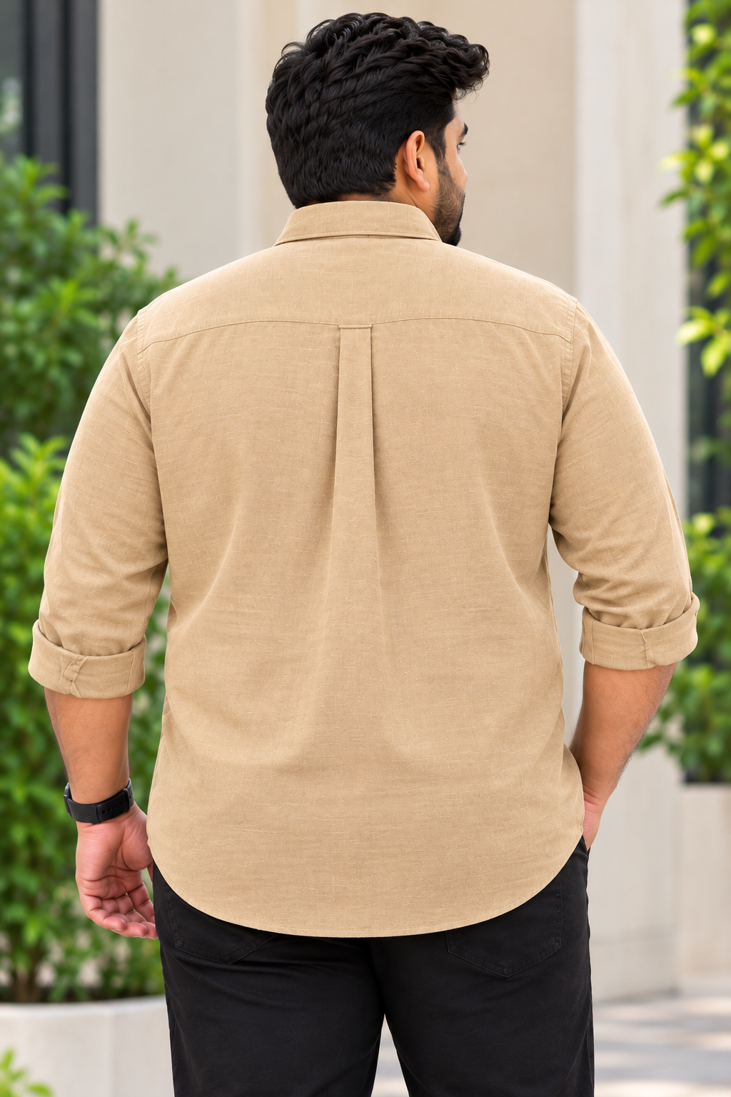 Men's Light Beige Solid Full Sleeve Linen Shirt