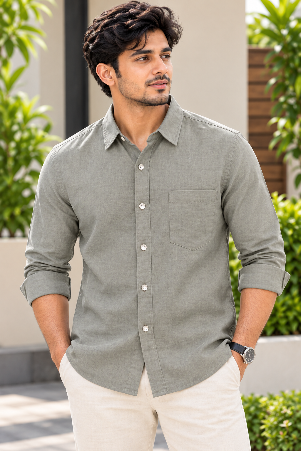 Men's Light Khaki Solid Full Sleeve Linen Shirt