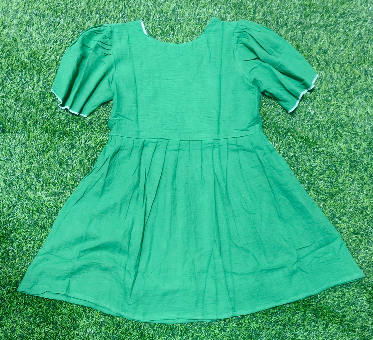 Girls Green V-Neck Bell Sleeve Frock