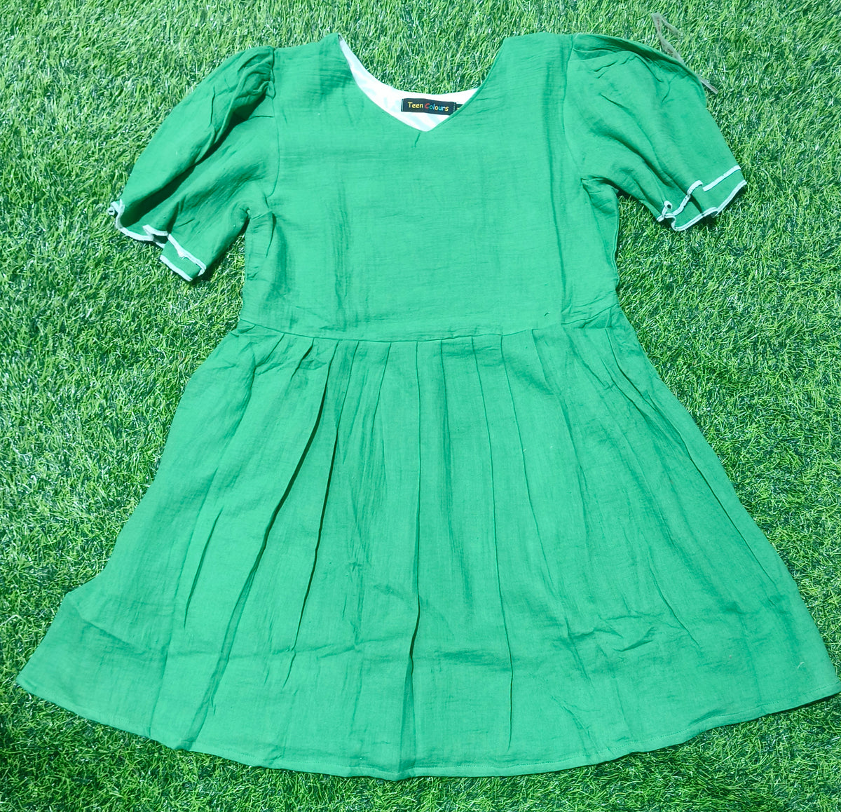 Girls Green V-Neck Bell Sleeve Frock