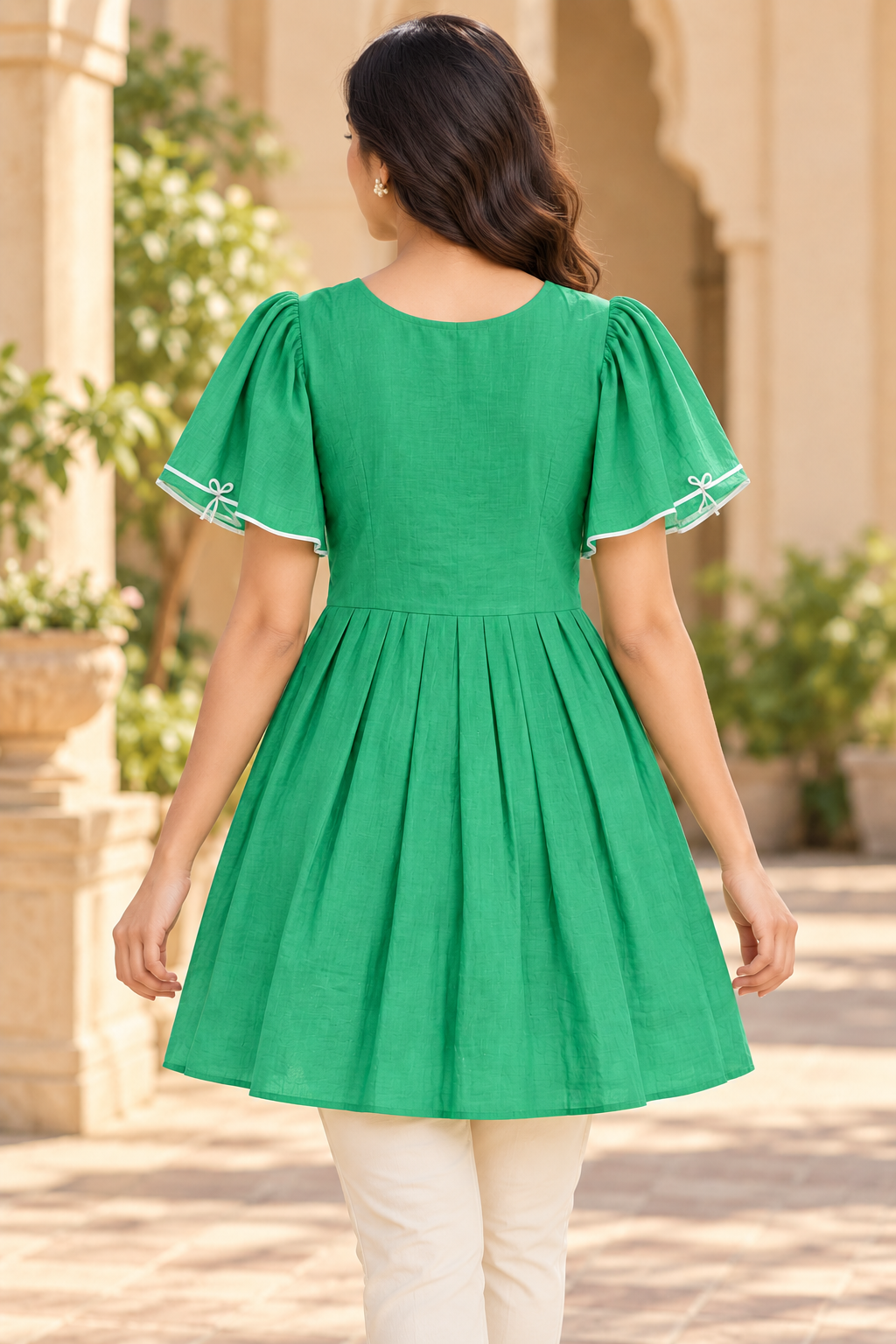 Girls Green V-Neck Bell Sleeve Frock