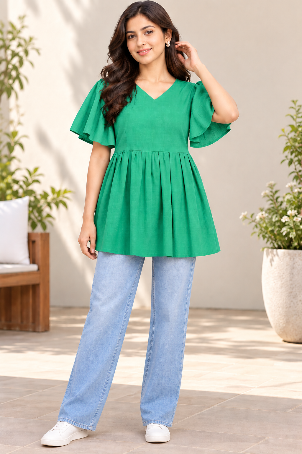 Girls Green V-Neck Bell Sleeve Frock