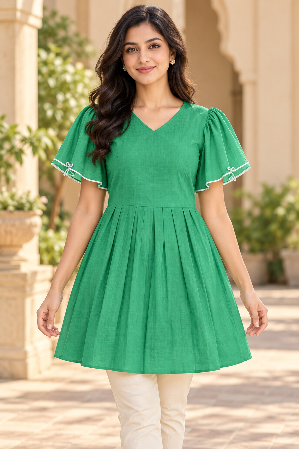 Girls Green V-Neck Bell Sleeve Frock