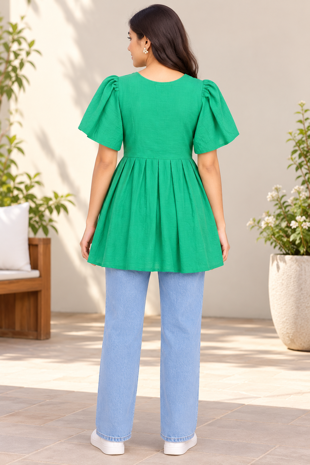 Girls Green V-Neck Bell Sleeve Frock