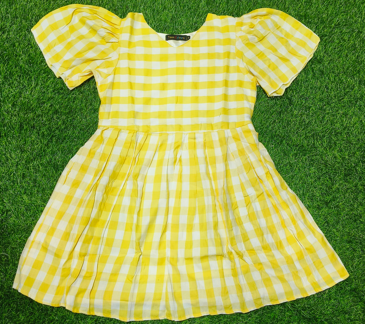 Girls Yellow Checked V-Neck Bell Sleeve Frock