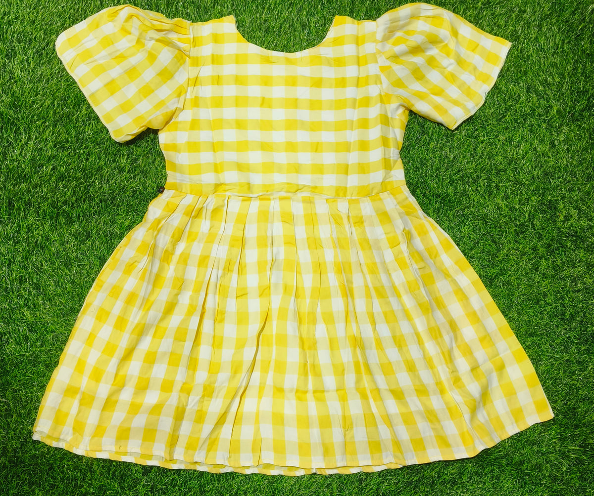 Girls Yellow Checked V-Neck Bell Sleeve Frock
