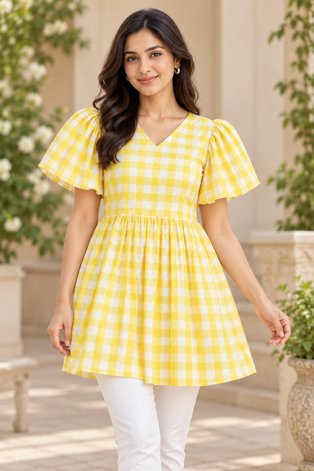 Girls Yellow Checked V-Neck Bell Sleeve Frock