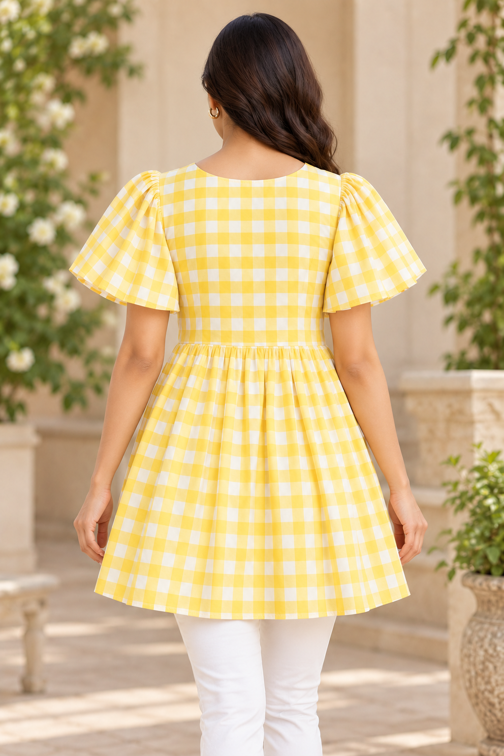 Girls Yellow Checked V-Neck Bell Sleeve Frock