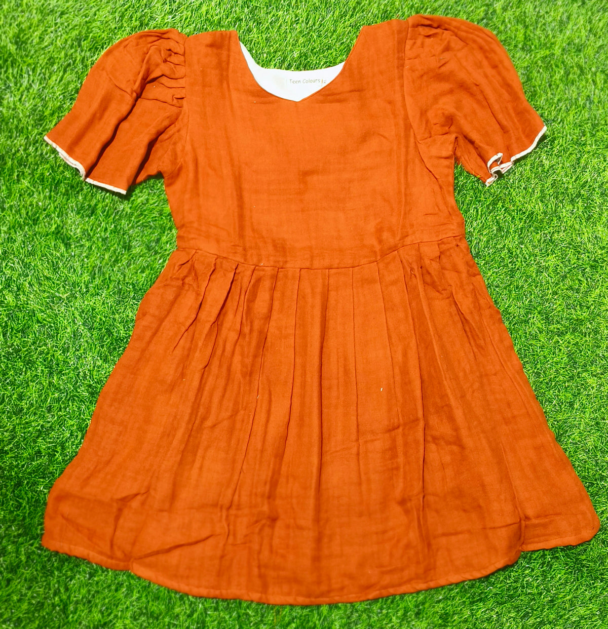 Girls Rust V-Neck Bell Sleeve Frock