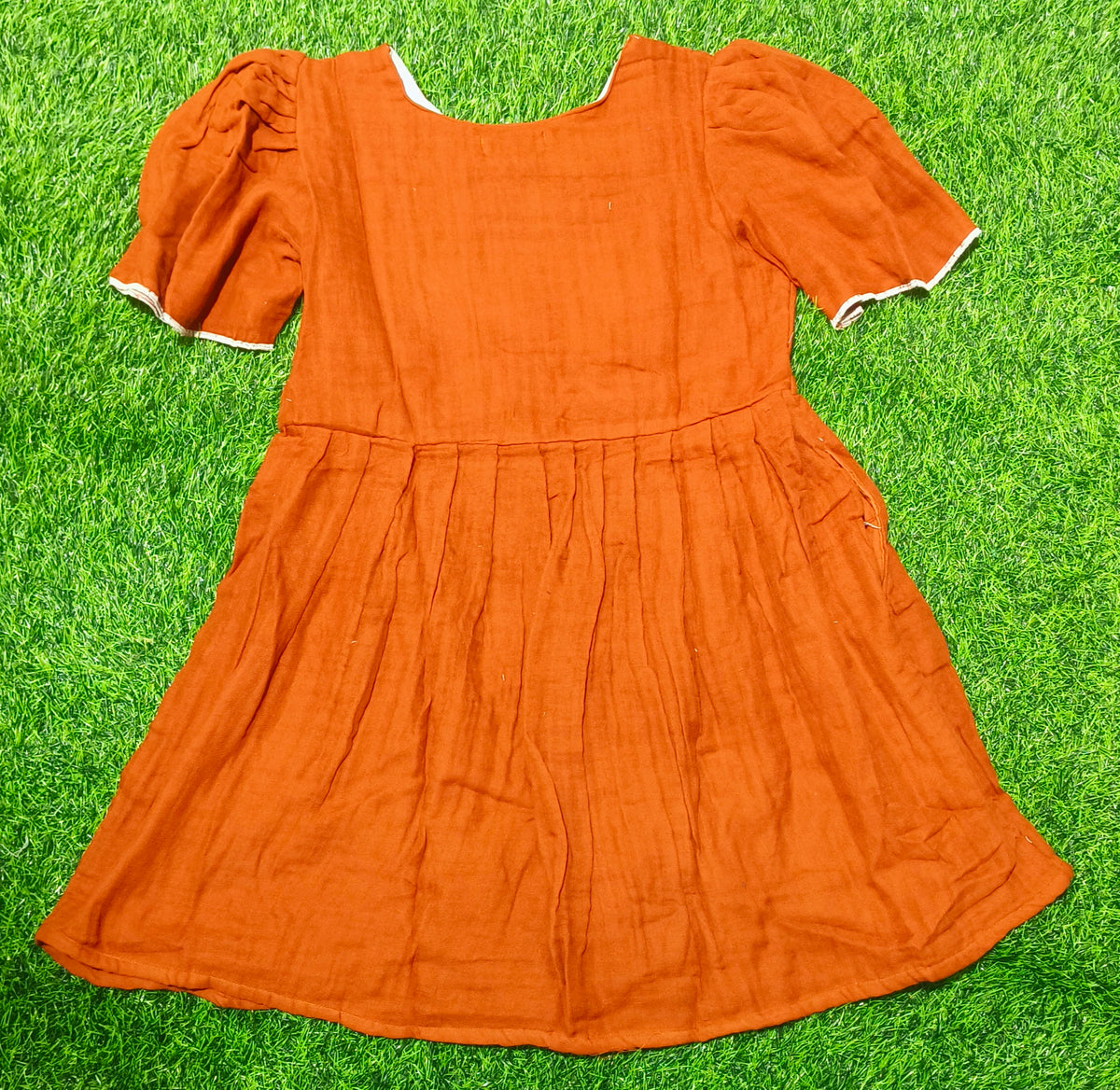 Girls Rust V-Neck Bell Sleeve Frock