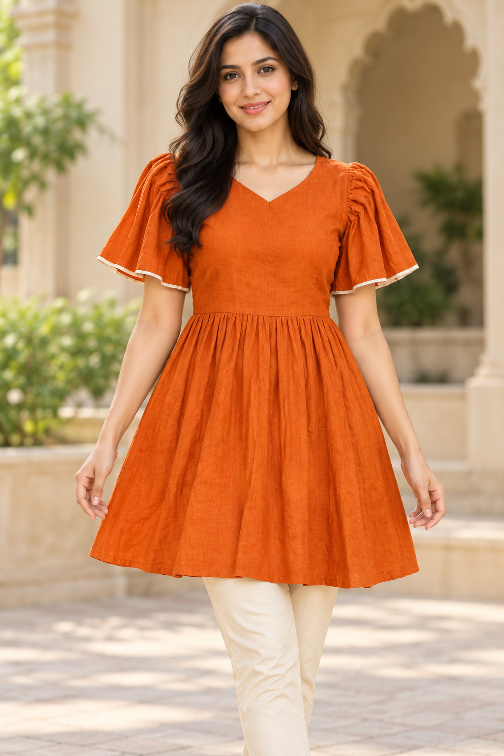 Girls Rust V-Neck Bell Sleeve Frock