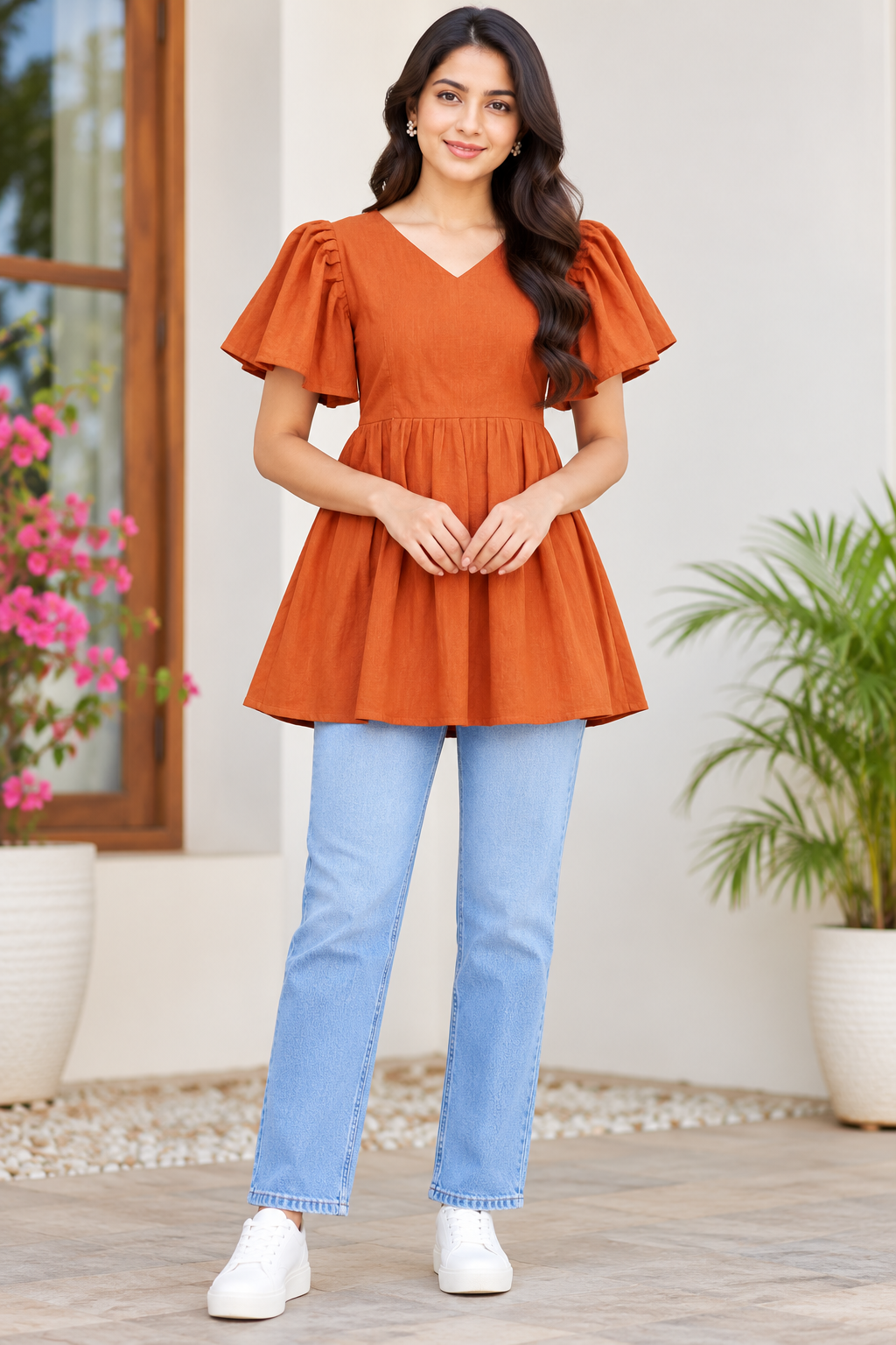 Girls Rust V-Neck Bell Sleeve Frock