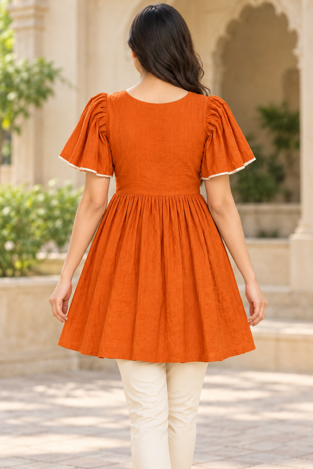 Girls Rust V-Neck Bell Sleeve Frock