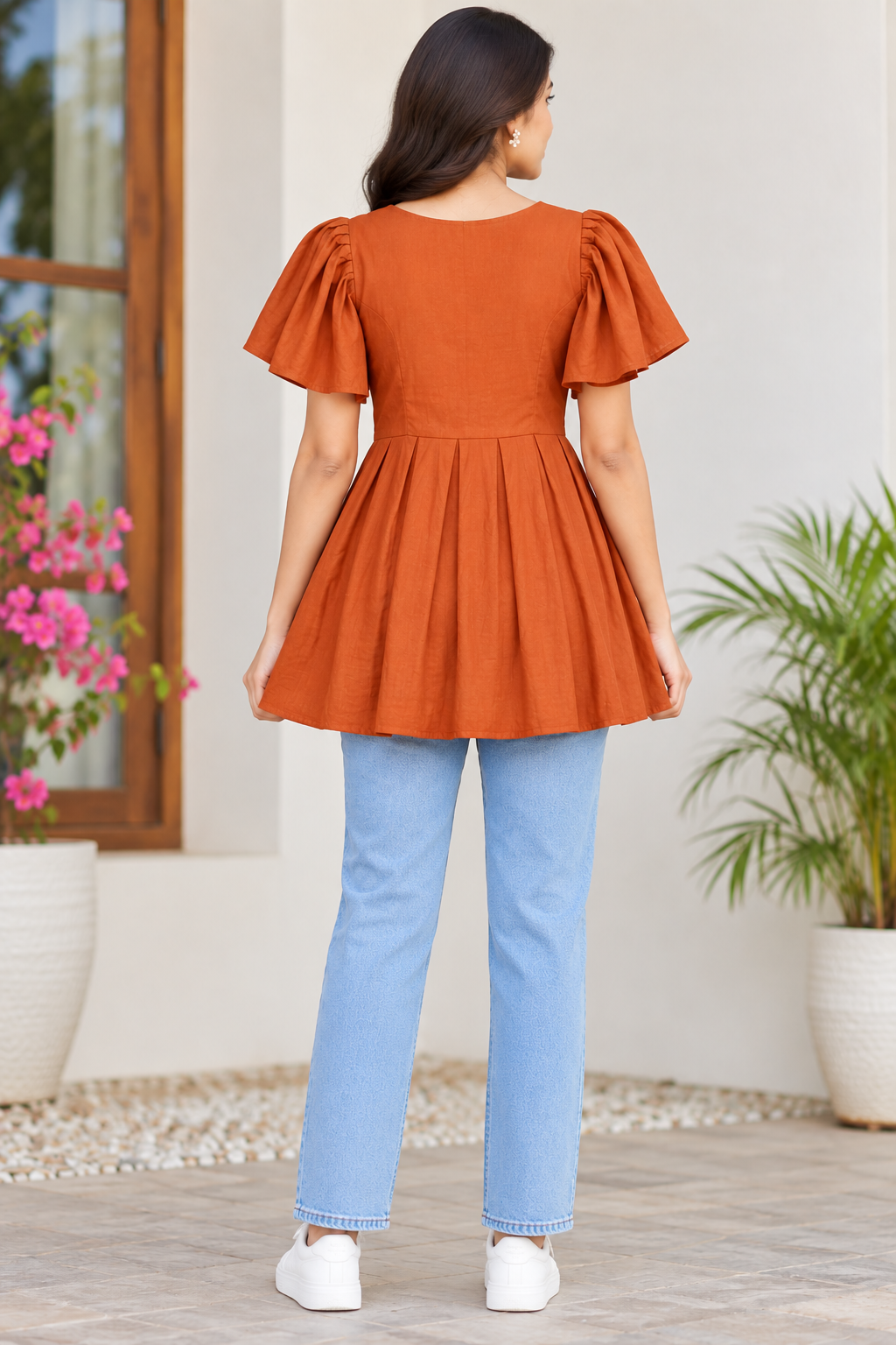 Girls Rust V-Neck Bell Sleeve Frock
