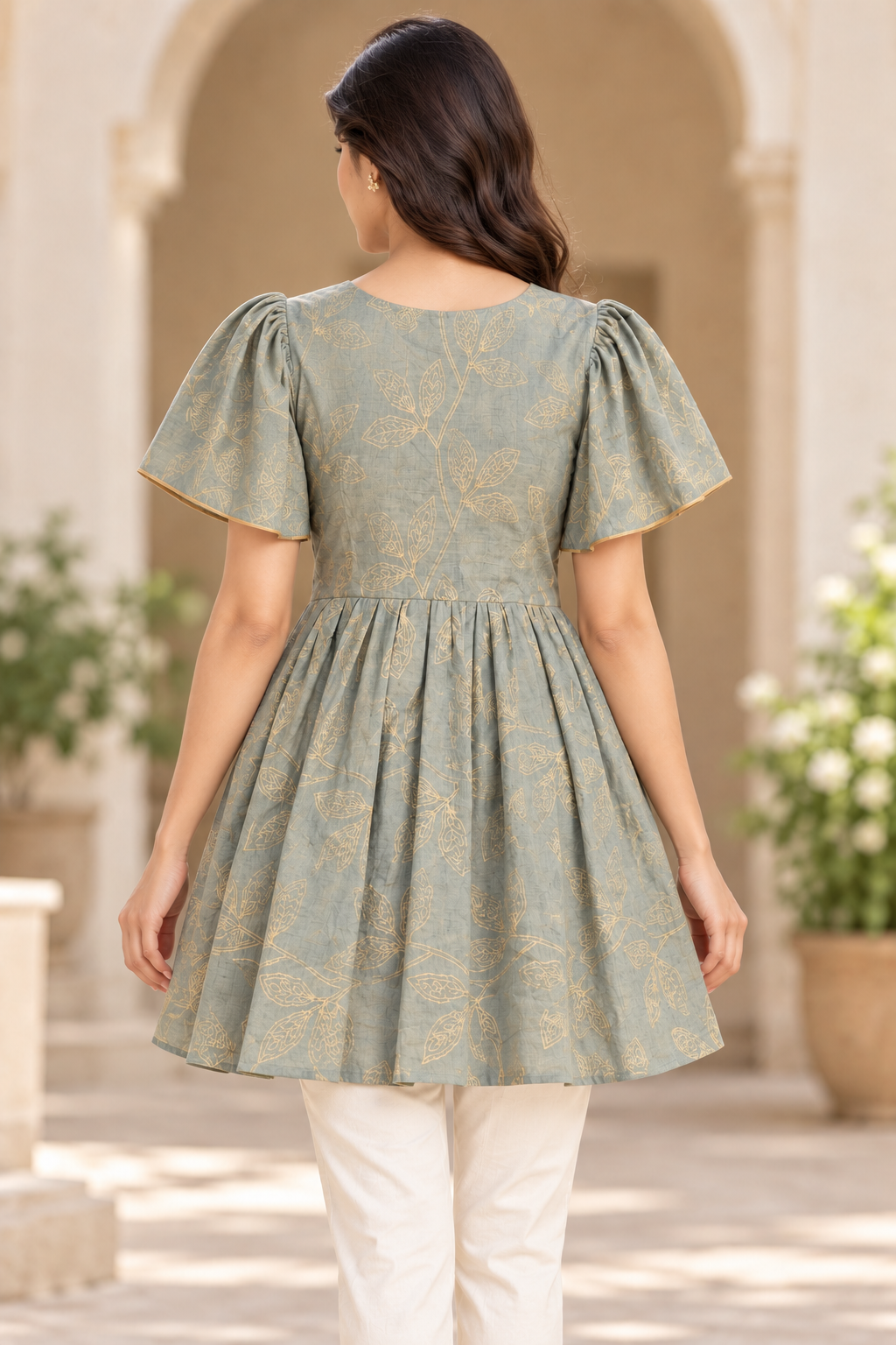 Girls Grey V-Neck Floral printed Bell Sleeve Printed Frock