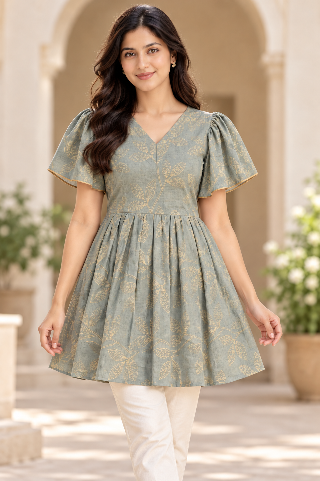 Girls Grey V-Neck Floral printed Bell Sleeve Printed Frock
