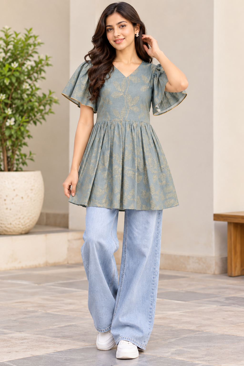 Girls Grey V-Neck Floral printed Bell Sleeve Printed Frock