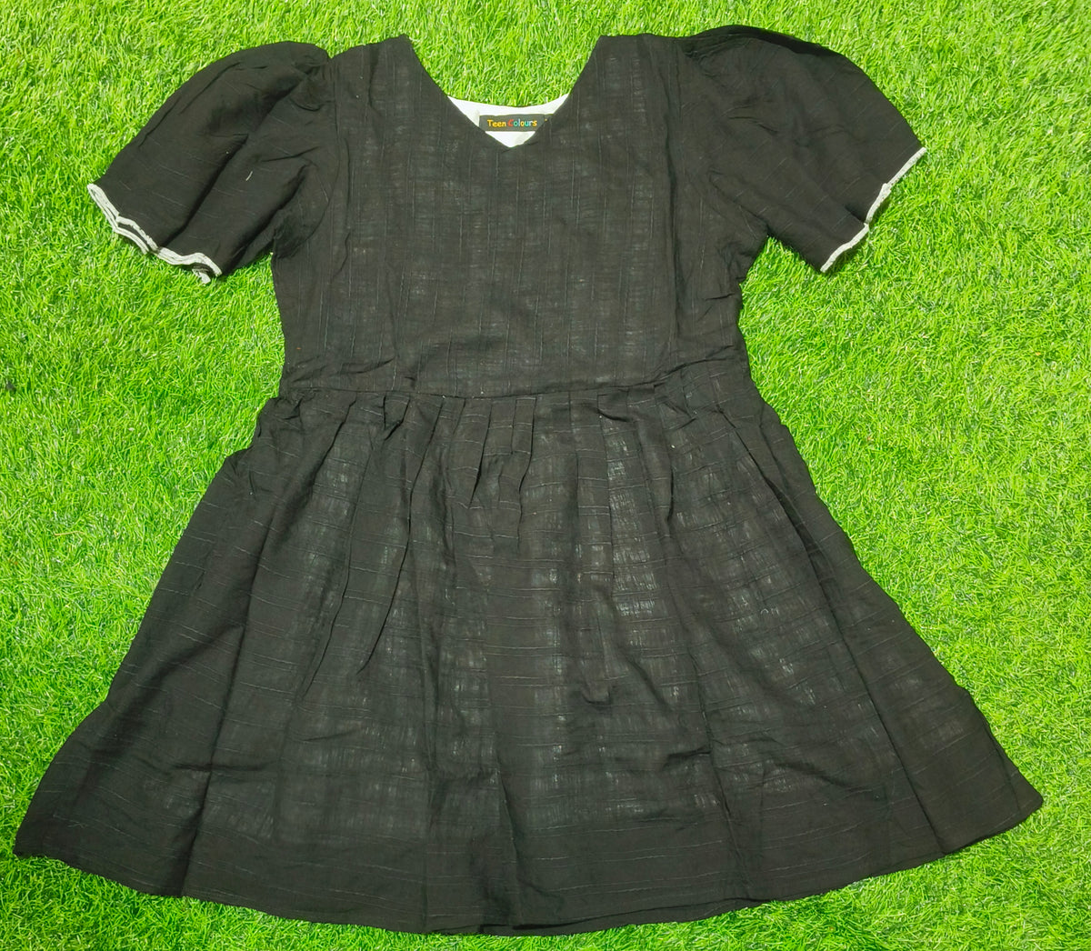 Girls Black color vertical stripes V-Neck Bell Sleeve Frock
