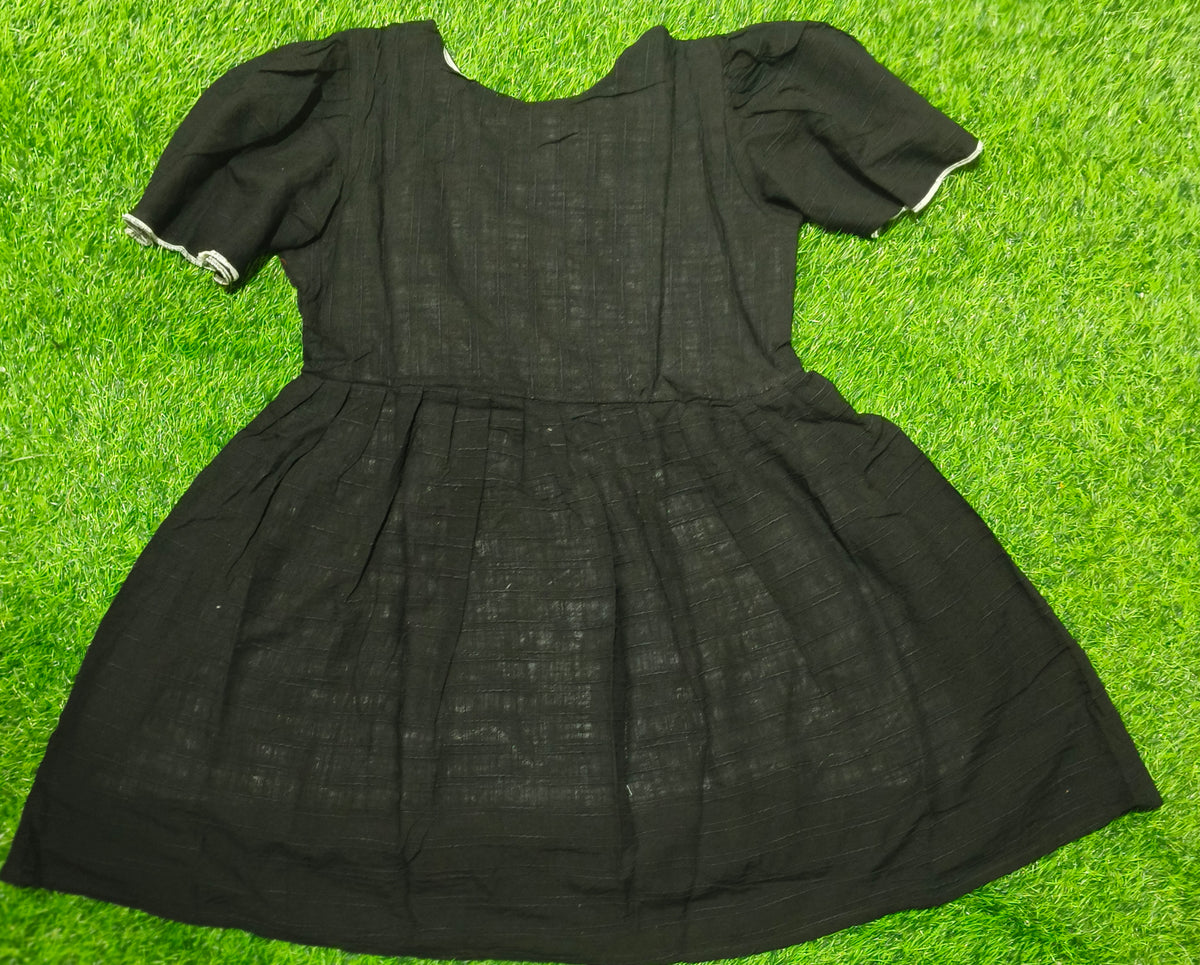 Girls Black color vertical stripes V-Neck Bell Sleeve Frock