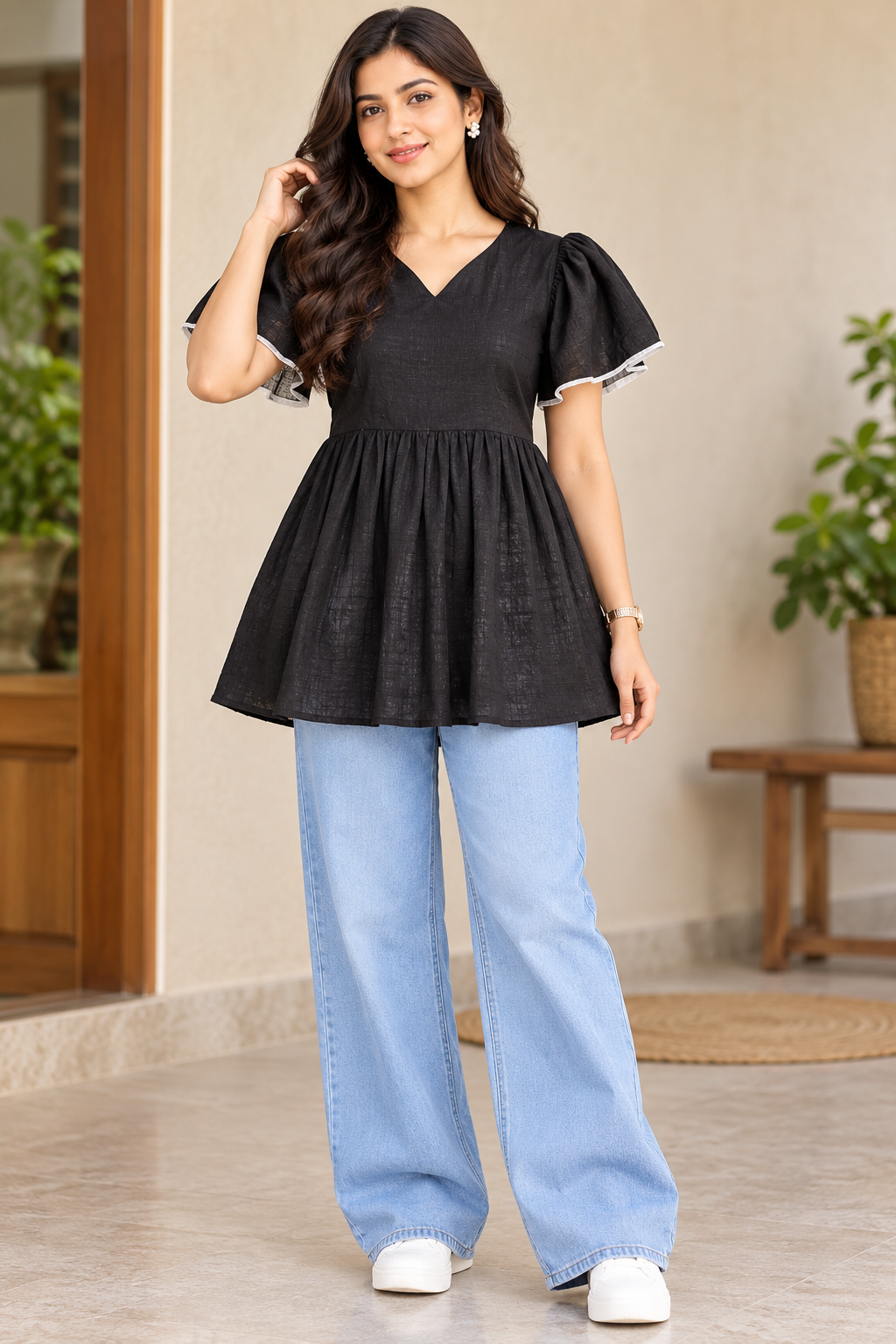 Girls Black color vertical stripes V-Neck Bell Sleeve Frock