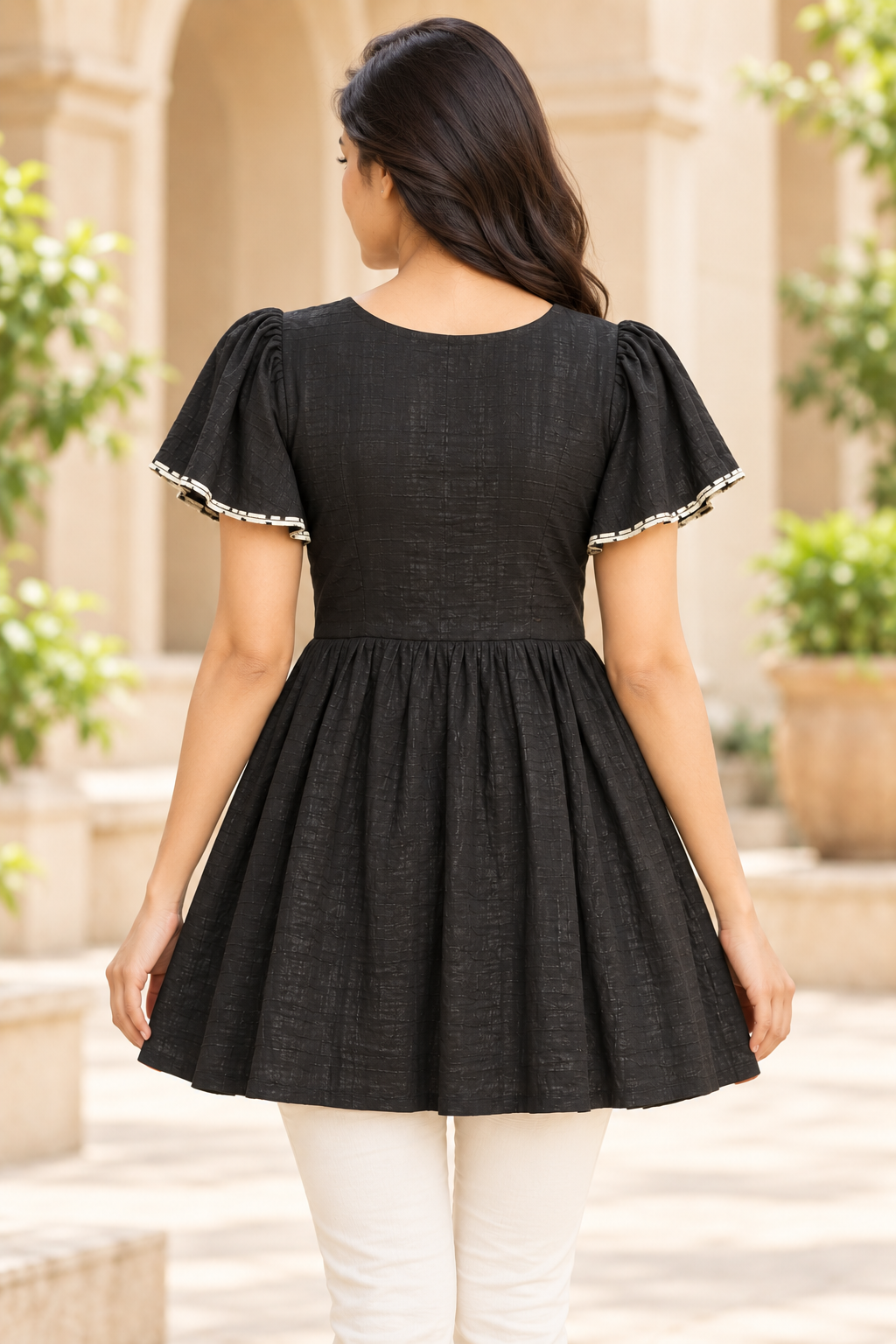 Girls Black color vertical stripes V-Neck Bell Sleeve Frock