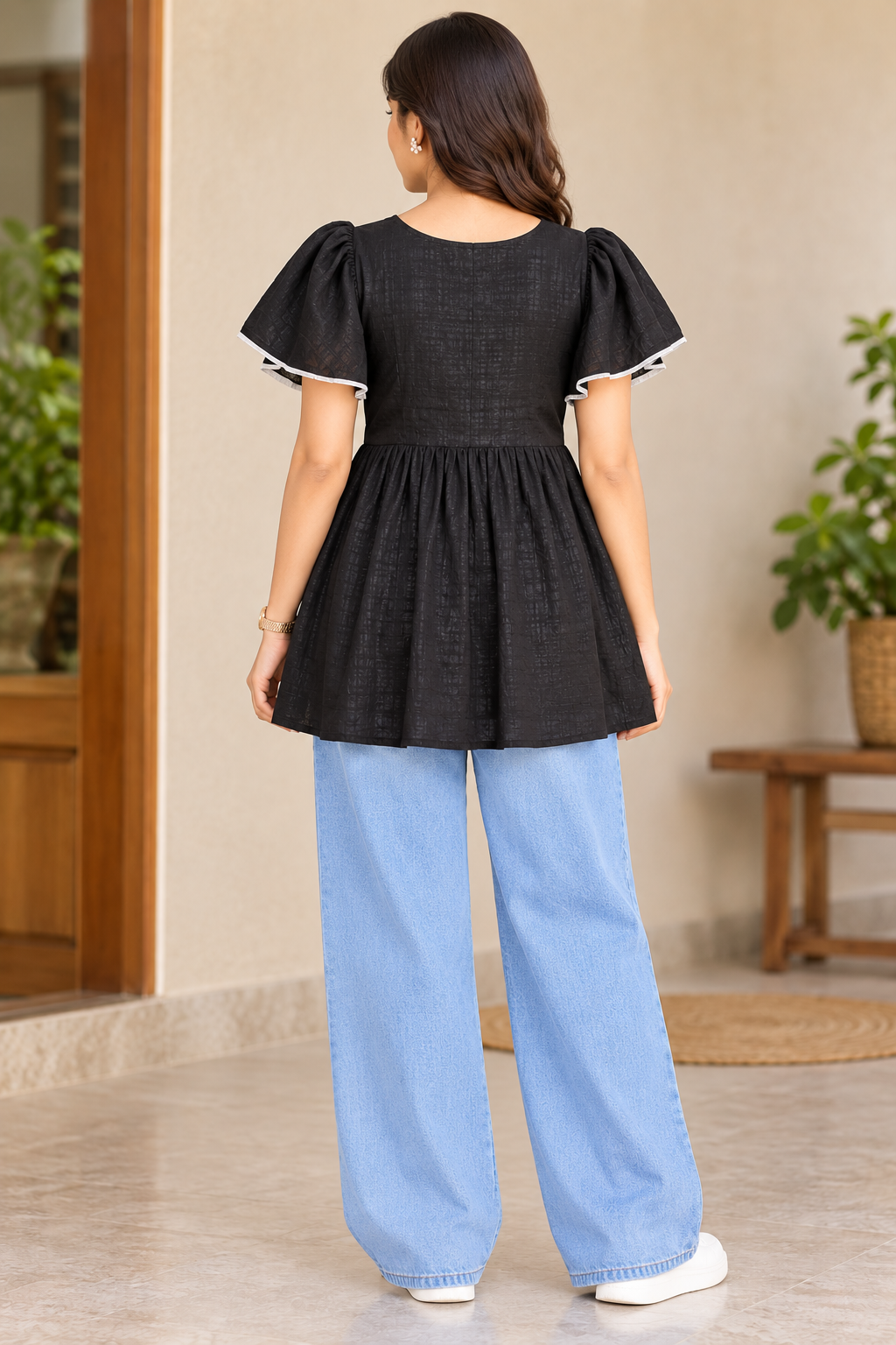 Girls Black color vertical stripes V-Neck Bell Sleeve Frock
