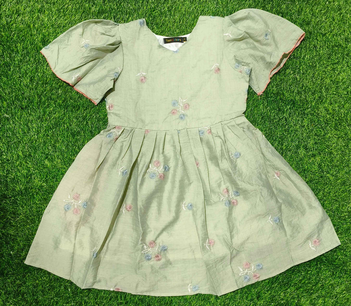 Girls Light Pista Green V-Neck Embroidered Bell Sleeve Frock