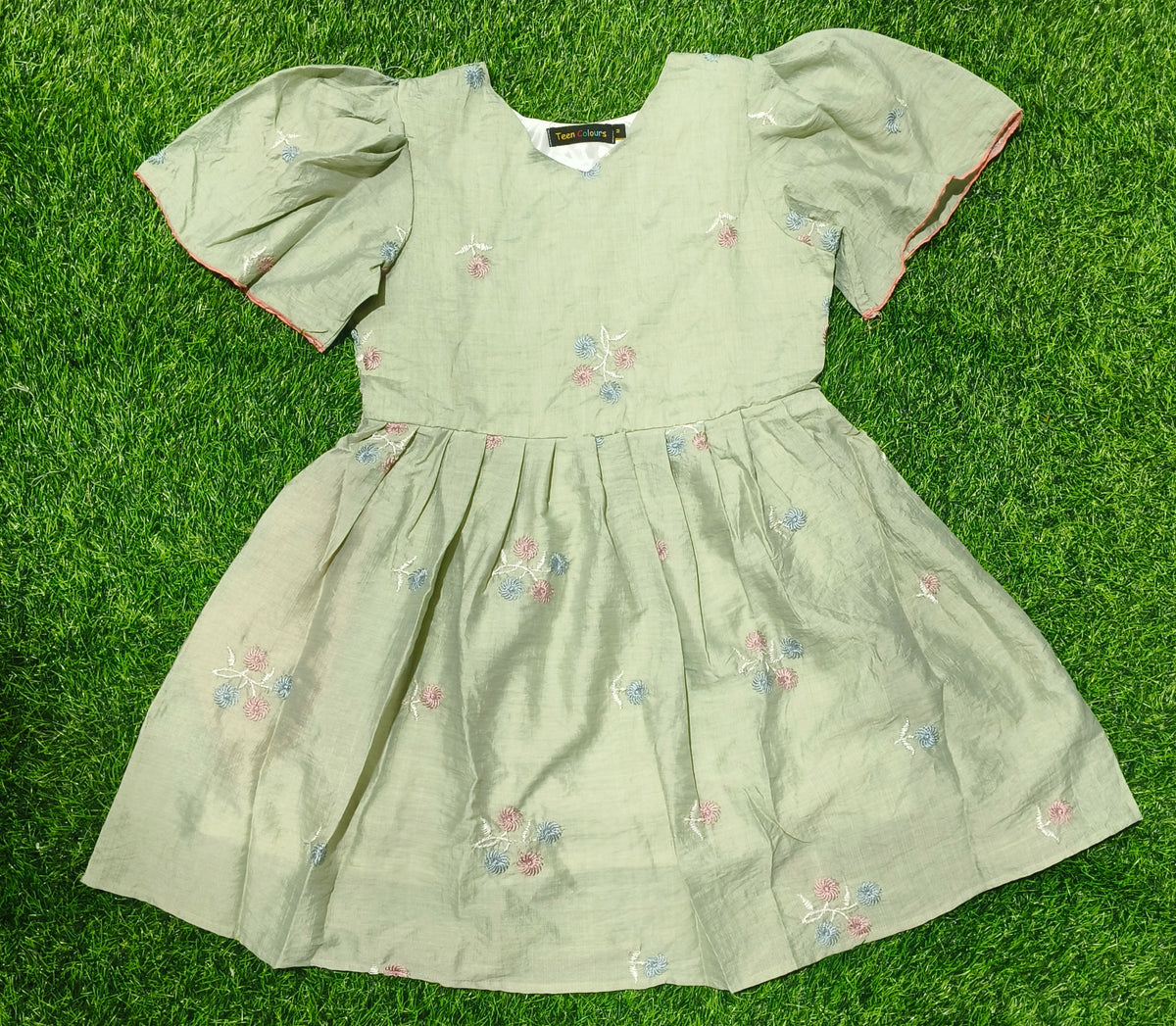 Girls Light Pista Green V-Neck Embroidered Bell Sleeve Frock